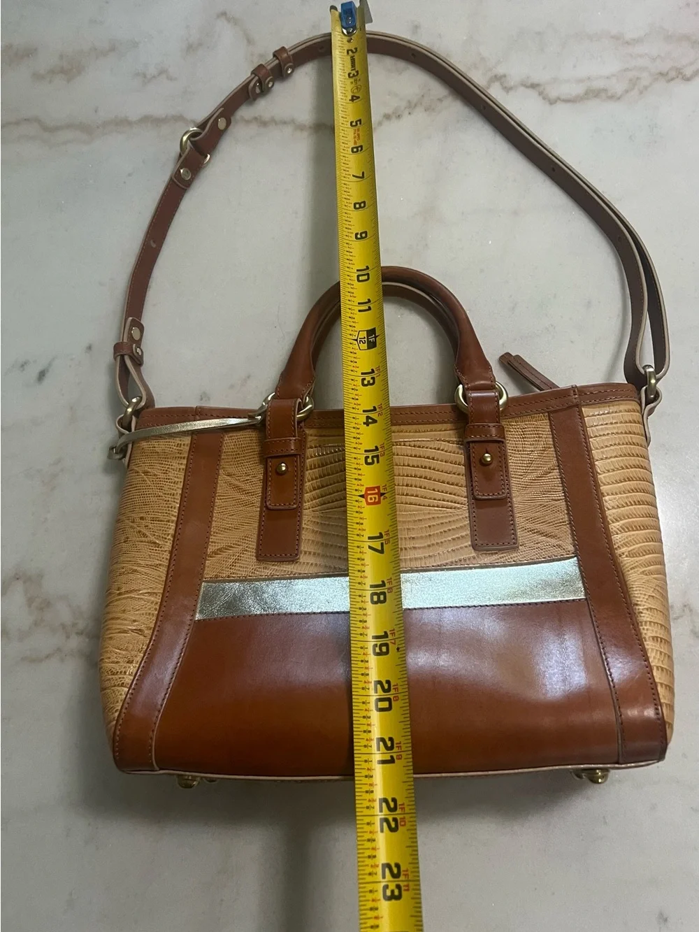 Brahmin Medium Arno Zip Top Tote Bag  Tan Beaumont With Metallic Gold Accents